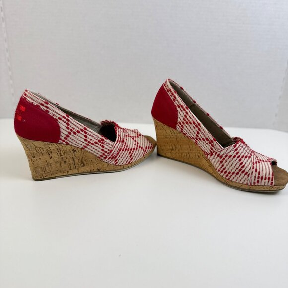 TOMS Peep Toe Heels Wedge Espadrille‎ Red White Women's 8.5 Slip On Casual Shoes - Picture 3 of 6